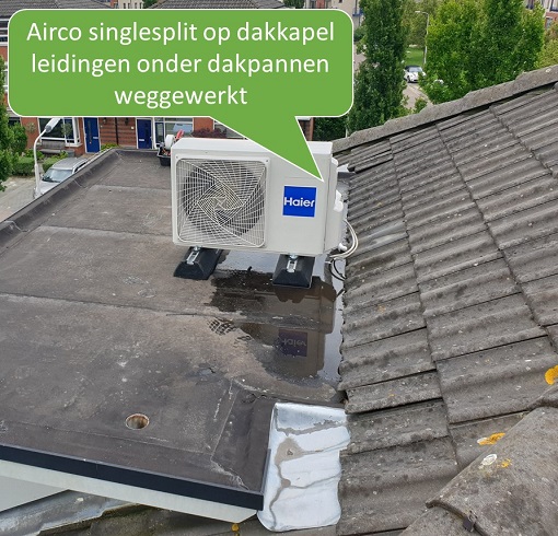 Airco singlesplit op dakkapel leidingen onder dakpannen weggewerkt